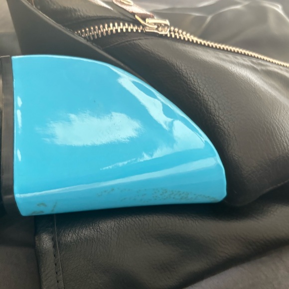 SENNA BUCKLE DETAIL SQUARE TOE BLUE WEDGE HEEL KNEE HIGH BOOT IN BLACK FAUX LEAT - Picture 11 of 12